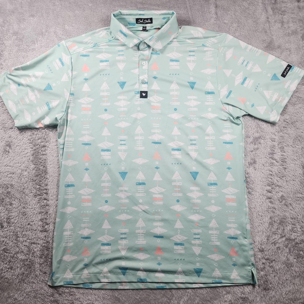 Bad Birdie Polo‎ Shirt Mens Large Green Geometric AOP Golf Stretch Performance